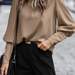 Brown Basic Leg-of-mutton Sleeve Round Neck Blouse