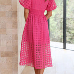 Remarkable Beauty Square Patterned Fabric Puff Sleeve Party Midi Dress