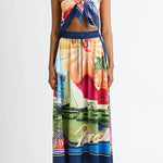 Seaside Holiday Satin Unique Print Knotted Scarf Top and Elastic Waist Loose Maxi Skirt Set