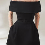 Elegant Evening Lapel Bandeau Removable Belt Pocketed Mini Dress