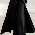High Waisted Long Sleeves Buttoned Solid Color Split-Front Round-Neck Midi Dresses