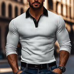 Men's Knitted Contrast Striped Long-sleeved POLO Shirt