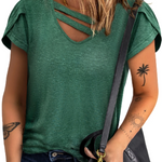 Solid Color Casual Cutout Neck T Shirt