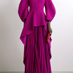Long Sleeves Loose Pleated Solid Color Split-Joint Tiered Round-Neck Maxi Dresses