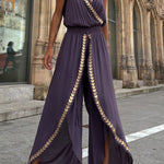 Tamia Gold Trim Elastic Waist Slit Wide Leg Slip Jumpsuit