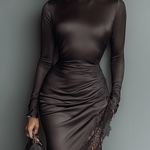 Women's Dark Brown Satin Irregular Hem Lace Slim Maxi Dress