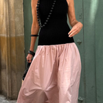Black Sleeveless Knitted Top with Pink Loose Hem Long Dress
