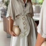 Solid Color Lapel Pocket Pattern Lace-up Loose Maxi Dress