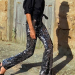 Pursue Shine Sequin High Rise Elastic Waist Flare Pants