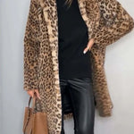 Leopard Print Lapel Long Sleeve Mid-length Plush Coat