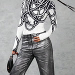 Long Sleeves Skinny Printed Striped High Neck T-Shirts Tops