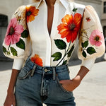 Puff Sleeves Asymmetric Floral Printed Split-Joint Lapel Blouses&Shirts Tops