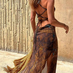 Gypsy Style Unique Print Cowl Neck Back Lace-up Slit Midi Dress