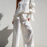 Flared Sleeves Loose Asymmetric Elasticity Pleated Solid Color Split-Joint One-Shoulder Blouses&Shirts Tops