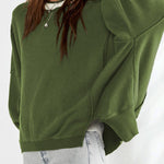 Long Sleeves Loose Fringed Solid Color Split-Joint Split-Side Round-Neck Sweatershirt