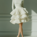 Women's White Stretch Knit Fabric Turtleneck Long-Sleeve Top & Chiffon Tiered Pleated Mini Skirt Set