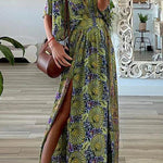 Bohemian Vintage Print Slit V Neck A Line Dresses