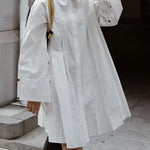 Long Sleeves Buttoned Pleated Solid Color Lapel Midi Dresses Shirt Dress