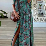 Bohemian Vintage Print Slit V Neck A Line Dresses