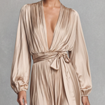 Women's Light Luxury Khaki Acetate Satin Deep V-neck, Waist-cinching, Tie-belt Long Dress