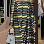Long Sleeves Loose Multi-Colored Pleated Striped High Neck Maxi Dresses