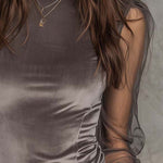Velvet Mesh Panel High-Neck Top – Graphite Grey
