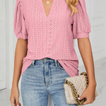 Casual v-neck solid color hollow puff sleeve loose t-shirt top women