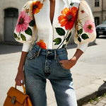 Puff Sleeves Asymmetric Floral Printed Split-Joint Lapel Blouses&Shirts Tops