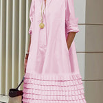 A-Line Long Sleeves Layered Pleated Pockets Solid Color Split-Joint Lapel Midi Dresses Shirt Dress
