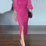 Bodycon High Waisted Solid Color Split-Front Split-Joint Round-Neck Midi Dresses