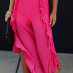 Rose Ruffle Slit High Waist Wide Leg Pants