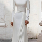High Waisted Long Sleeves Pleated Solid Color Split-Joint Zipper Mock Neck Maxi Dresses