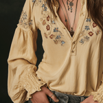 Casual Yellow Floral Embroidered Cotton Shirt