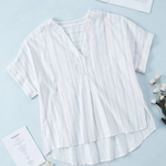 Striped Print Loose Fit V Neck Short Sleeve Blouse