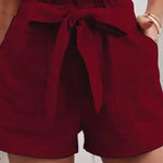 Casual Loose Solid Color Elastic Waist Tie Shorts