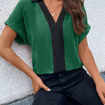 Loose Short Sleeves Contrast Color V-Neck T-Shirts Tops