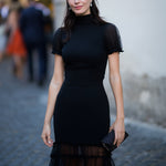Elegant Mock-Neck Sheer Puff Sleeve Ruffle Hem Mini Dress