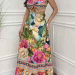 Mexico Style Tropical Print Ring Cutout Lace-up Vacation Maxi Dress