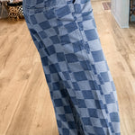 Dusk Blue Checkered Light Washed Wide Leg Jeans