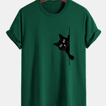Regular Fit Black Cat Print Cotton T-Shirt
