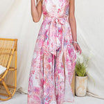 Strapless Floral Print Tie Waist Split Wide Leg Jumpsuit