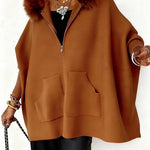 Margovil Dolman Sleeves Zipper Up Pocketed Jacket with Faux Fur Hood
