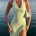 Margovil Halter V Neck Backless Slit Rose Applique Knit Maxi Dress