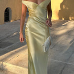 Margovil Off Shoulder Backless Cut Out Satin Maxi Dress