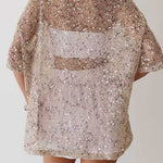 Round Neck Half Sleeves Crochet Hollow Out Sequin Top