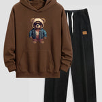 Bear In Leather Jacket Print Relax Fit Hoodie & Straight Leg Corduroy Pants