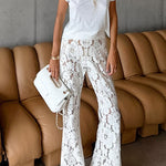 Margovil Elastic Waist Bell Bottoms Lace Hollow Out Pants