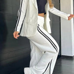 Margovil Color Block Open Front Blazer Elastic Waist Slit Wide Leg Pants Set