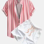 Striped Button Up Stand Collar Shirt & Man Mid Length Drawstring Swim Shorts