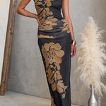 One Shoulder Ruched Floral Print Maxi Dress with Statement Strap